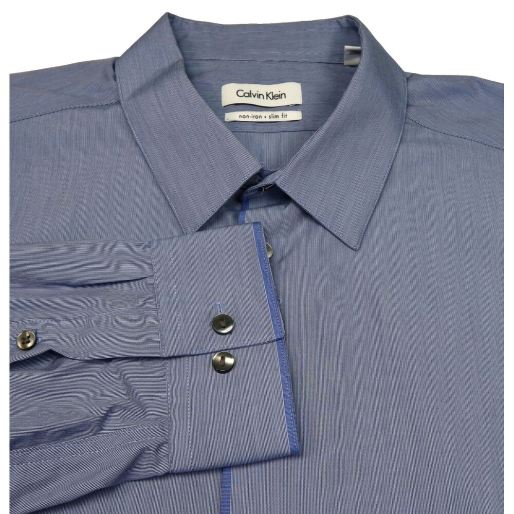 Calvin Klein Long Sleeve Slim Fit Shirt Men Size 17.5-34/35 Blue Non-Iron Cotton